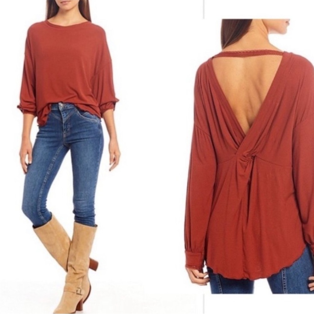 H24 Free People Shimmy Shake Cowboy Long Sleeve Pullover V-Back Top Women